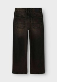 Zwarte denim jeans met een vervaagde textuur, recht gesneden ontwerp en twee achterzakken. Heeft een brede tailleband en minimale stiksels.