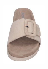 Beige suede slide sandal with a wide strap featuring a rectangular silver buckle, soft footbed, and flat rubber sole.