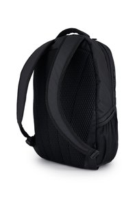 Zaino nero con schienale in rete strutturata, spallacci imbottiti e regolabili, e tasca laterale in mesh. Presenta un compartimento con cerniera e una silhouette elegante.