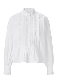 Blouse blanche avec un col montant, un plastron froncé et des manches longues. Fabriquée en tissu léger avec des détails froncés sur le devant.