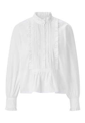 White blouse featuring a high neck, frilled placket, and long sleeves. Made of lightweight fabric with ruched details along the front.