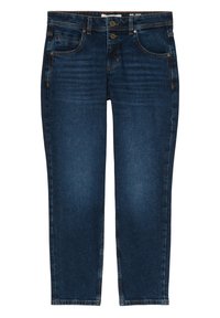 Jeans de mezclilla azul oscuro con un diseño clásico de cinco bolsillos, pierna recta, lavado medio y un desvanecimiento sutil. Cierre de dos botones en la cintura.