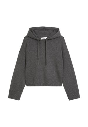 Gray cropped hoodie made of soft fabric, featuring a drawstring hood, ribbed cuffs, and hem, with a relaxed fit and minimalistic design.