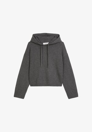 Šedá skrátená mikina s kapucňou vyrobená z mäkkej tkaniny, s šnúrkou na kapucni, ryhovanými manžetami a lemom, s voľným strihom a minimalistickým dizajnom.