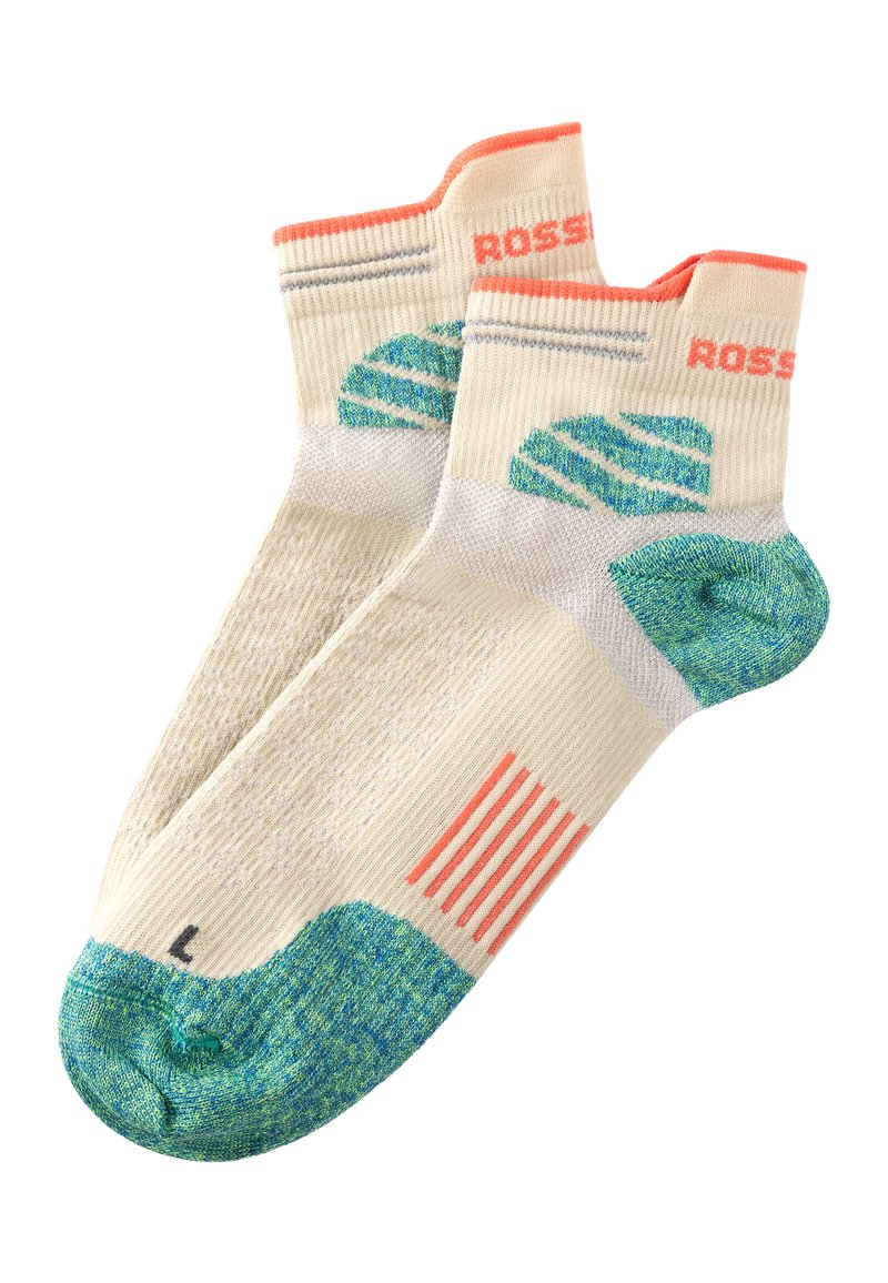 Calze lunghe color crema con accenti verdi. Presentano motivi a righe, un tessuto lavorato a maglia testurizzato e una punta imbottita. Taglia etichettata "L."