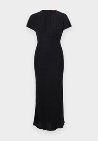 Black long dress with short sleeves, featuring a subtle geometric pattern, round neckline, fitted waist, and a slightly flared bottom.