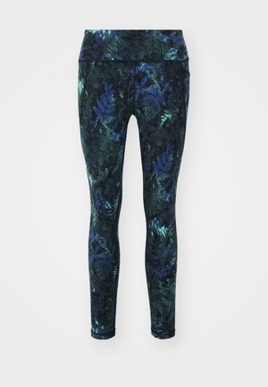 Legingi ar tumšu ziedu rakstu zilu un zaļu toņu pakājē, izgatavoti no elastīga, viegla auduma ar augstu jostasvietu.