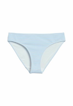 Lichtblauwe en witte, horizontaal gestreepte damesbikinibroekjes met een lage taille op een witte achtergrond.