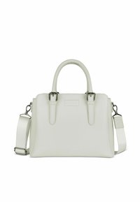 Borsa a tracolla in pelle bianca con doppio manico superiore, tracolla rimovibile e dettagli in metallo argentato. Presenta una superficie texturizzata e un design minimalista.