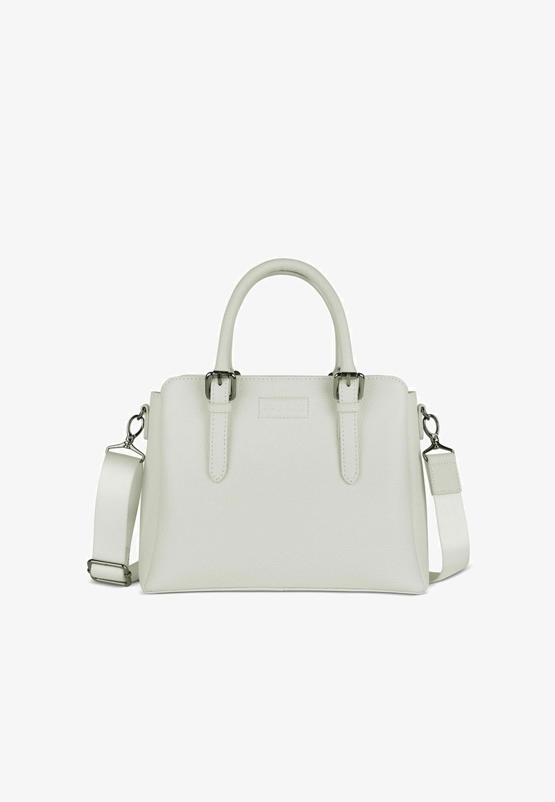 Borsa a tracolla in pelle bianca con doppio manico superiore, tracolla rimovibile e dettagli in metallo argentato. Presenta una superficie texturizzata e un design minimalista.