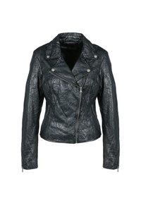 Chaqueta de moto de cuero sintético negra con una textura arrugada, cuello con muesca y cremalleras de tono plateado en la parte delantera y los laterales.