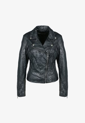 Giacca da moto in ecopelle nera con una texture arricciata, colletto a punta e zip di colore argentato sul fronte e sui lati.