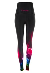 Black leggings with a high waistband featuring colorful geometric patterns in pink, blue, and green, creating a gradient effect towards the hem.