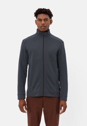 Dunkelgraue Herren-Jacke mit Reißverschluss, strukturiertem Muster, hohem Kragen und zwei seitlichen Taschen. Aus weichem Stoff gefertigt und im taillierten Design.