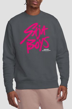 Man wearing a dark gray sweatshirt with bright pink "SAJA BOYS" text and small white "K-POP DEMON HUNTERS" logo on front.