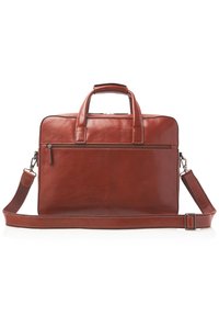Valigetta in pelle marrone con due manici superiori, una tracolla removibile e una tasca con zip frontale. Texture liscia e linee pulite.