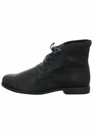 Black leather ankle boots with round toe, smooth texture, and blue laces. Features a low heel and minimal stitching accents.