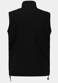 Schwarze ärmellose Weste aus Fleece, mit hohem Kragen, verstellbarem Kordelzug am Saum und glatter Textur.