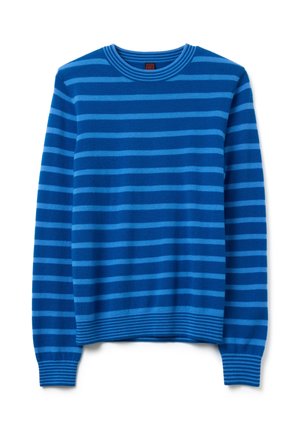 Maglione blu con strisce orizzontali in varie tonalità di blu. Presenta un collo a giro e polsini e orlo a costine. Tessuto morbido.