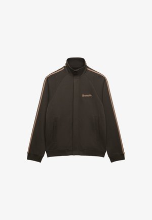 Dunkelbraune Trainingsjacke mit Reißverschluss, beige Streifen an den Ärmeln und beigem "Bench." Logo auf der linken Brust.