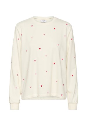 Crèmekleurige sweater met lange mouwen, voorzien van verspreide kleine rode en roze hartjespatronen en een ronde halslijn.