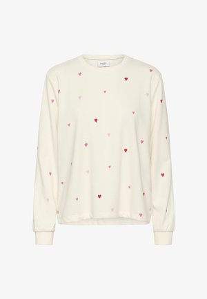 Cremefarbener Pullover mit langen Ärmeln, verziert mit verstreuten kleinen roten und rosa Herzmustern und rundem Ausschnitt.