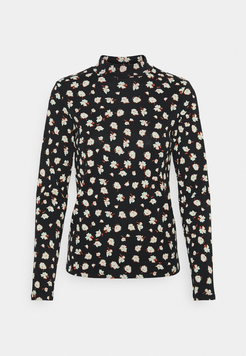 Schwarzer, langärmliger Rollkragenpullover mit Blumenmuster, der weiße und rote Blumen auf einem strukturierten Stoff zeigt. Figurbetonte Silhouette, schlichtes Design.