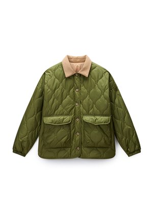 Green quilted jacket with a beige collar, featuring two front pockets and button closures. Textured surface with a padded design.