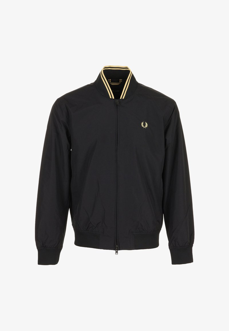 Zwarte bomberjack met ritssluiting, beige gestreepte kraag en klein beige lauwerkranslogo op de linkerborst.