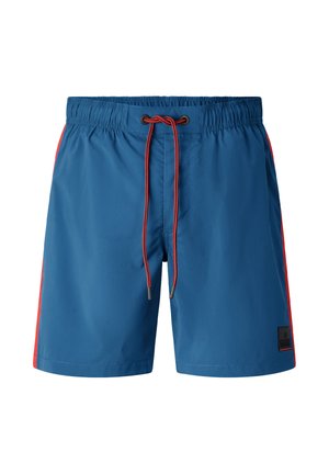 Shorts de bain bleus avec des bandes latérales rouges et un cordon de serrage rouge à la taille élastique, avec un petit patch logo noir sur la jambe gauche.