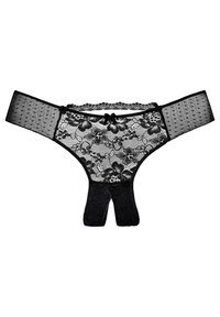 Čierna čipkovaná dámska spodná bielizeň s kvetinovým vzorom, sieťovanými bokmi, tenkým pásikom a malou prednou mašličkou.