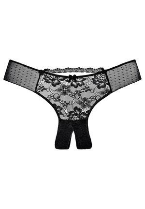 Czarna koronkowa bielizna damska z kwiatowym wzorem, siateczkowymi bokami, cienkim pasem i małą kokardką z przodu.