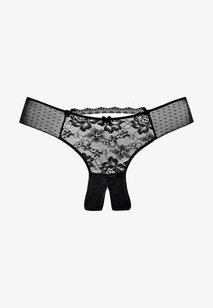 Sous-vêtements féminins en dentelle noire avec motif floral, côtés en mesh, taille fine et petit nœud décoratif à l'avant.