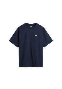 Camiseta de algodón azul marino con mangas cortas, escote redondo y un pequeño logo blanco de Vans en la parte izquierda del pecho. Diseño sencillo y clásico.