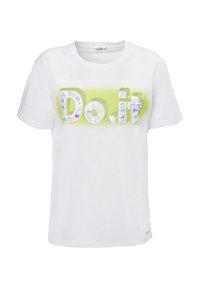 Hvid bomulds t-shirt med teksten "Do it" i farverige, iriserende palietter med en gradient grøn baggrund bag bogstaverne.