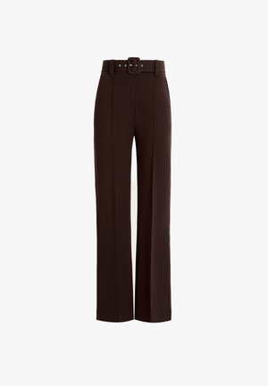Brūni vīlēti bikses ar plašu kāju piegriezumu, kas ietver saskaņotu jostu, jostu cilpas un priekšējo krokas detaļas. Gluda auduma tekstūra.