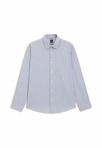 Jasnoniebieska, długorękawowa koszula z delikatnymi paskami, zapięciem na guziki z przodu oraz małym haftowanym logo po lewej stronie.