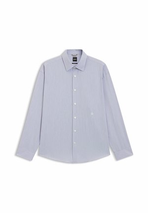 Hellblaues, langärmliges Hemd mit dezenten Streifen, durchgeknöpft und kleinem, auf der linken Seite gesticktem Logo.