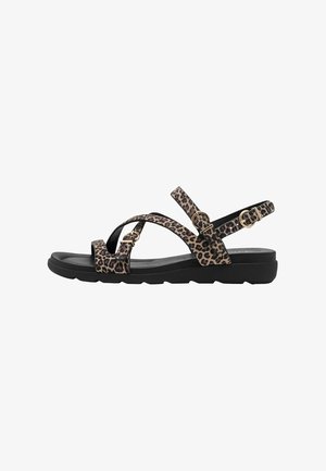 Sandal med leopardmønster, sort gummisål, krydsremme og justerbare spænder for en sikker pasform. Flad design med åben tå.