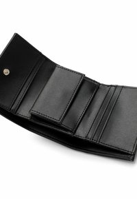 Black leather wallet with multiple card slots, smooth texture, and secure snap closure. Features a slim, foldable design for easy storage.