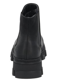 Botas de cuero negro hasta el tobillo con un acabado texturizado, una parte superior redondeada y una suela de goma con patrones de dibujo destacados.