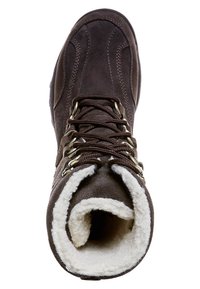 Bota hasta el tobillo de ante marrón con forro de forro polar, puntera redondeada y cierre de cordones con ojales metálicos. El interior está forrado con forro polar de color crema.