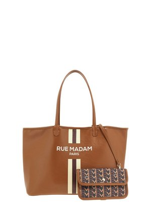 Borsa tote in pelle marrone con strisce bianche e beige, con testo "RUE MADAM PARIS". Include una piccola borsa a tracolla a motivo attaccata.