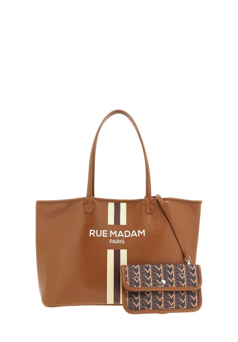 Borsa tote in pelle marrone con strisce bianche e beige, con testo "RUE MADAM PARIS". Include una piccola borsa a tracolla a motivo attaccata.