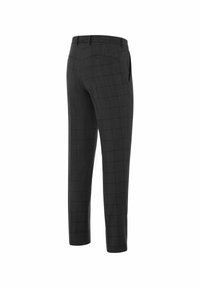 Grijs geruite broek, slim fit, met een geplooide voorkant, platte voorkantzakken en een enkele achterzak. Soepele stoftextuur.