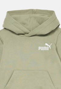 Sweatshirt à capuche vert clair avec poche frontale et logo Puma blanc sur la poitrine.
