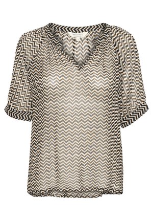 Durchsichtige Bluse mit kurzen Ärmeln im Chevron-Muster in Schwarz, Weiß und metallic Gold. Verfügt über einen V-Ausschnitt und einen lässigen Schnitt.