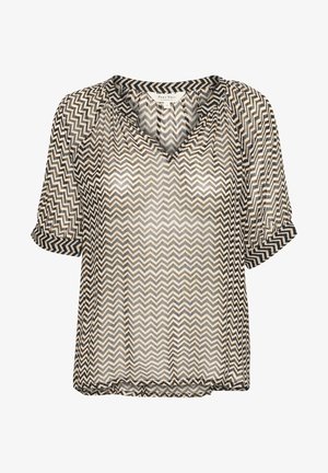 Durchsichtige Bluse mit kurzen Ärmeln im Chevron-Muster in Schwarz, Weiß und metallic Gold. Verfügt über einen V-Ausschnitt und einen lässigen Schnitt.