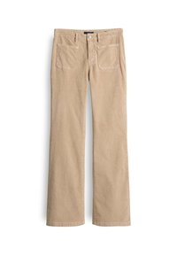 Pantalon beige droit avec deux poches plaquées devant, passants pour ceinture et fermeture par bouton sur fond blanc.