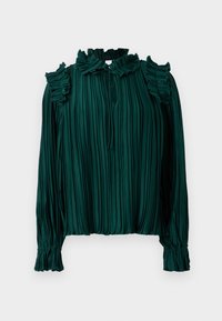 Blusa plissettata verde scuro con colletto arricciato e dettagli sulle spalle. Presenta maniche lunghe con polsini elastici e bottoni davanti.